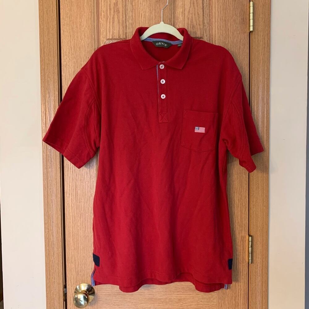 ORVIS L Heavyweight Polo rugby Shirt American Flag on Pocket